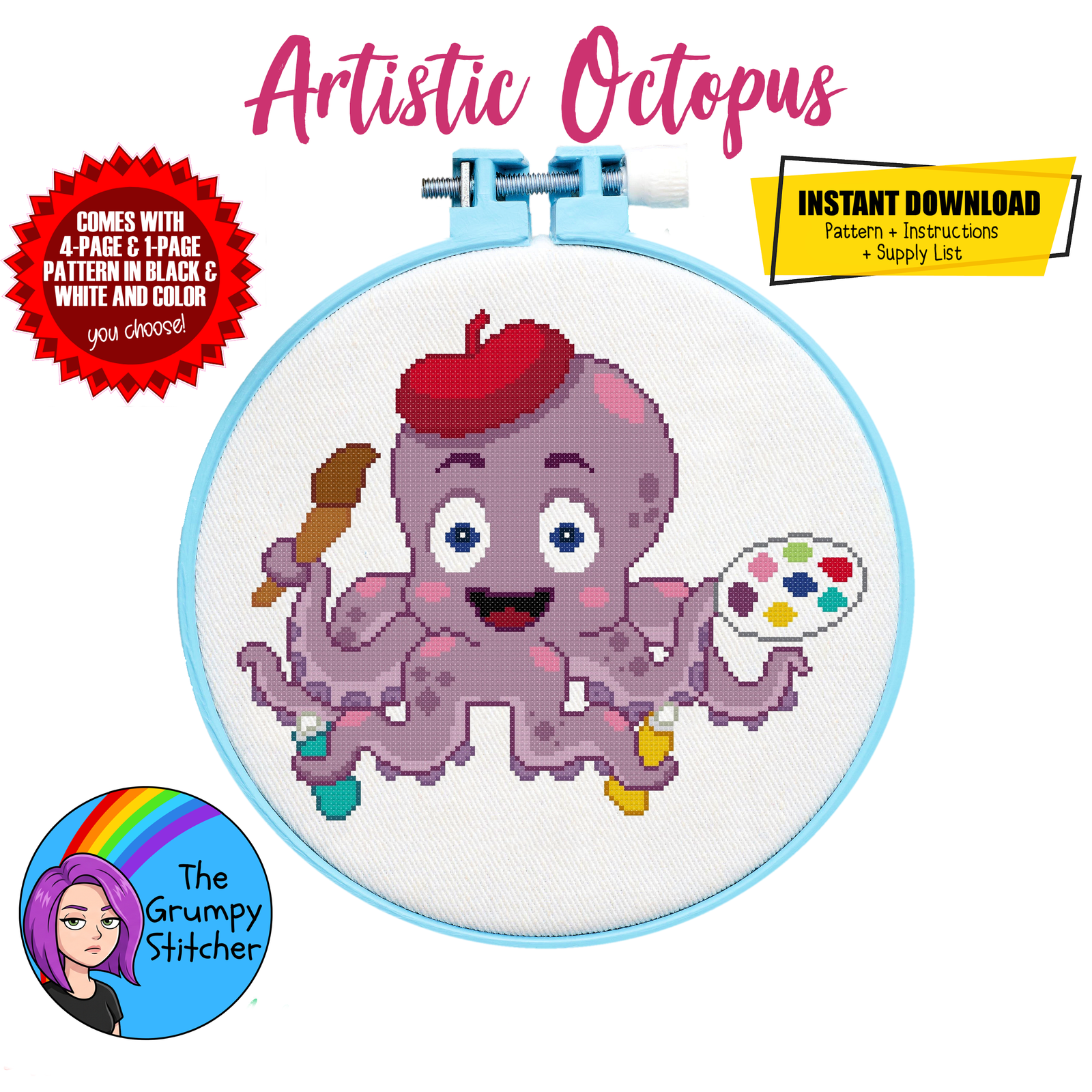 artistic octopus painter crafting artsy cross stitch pattern pdf download