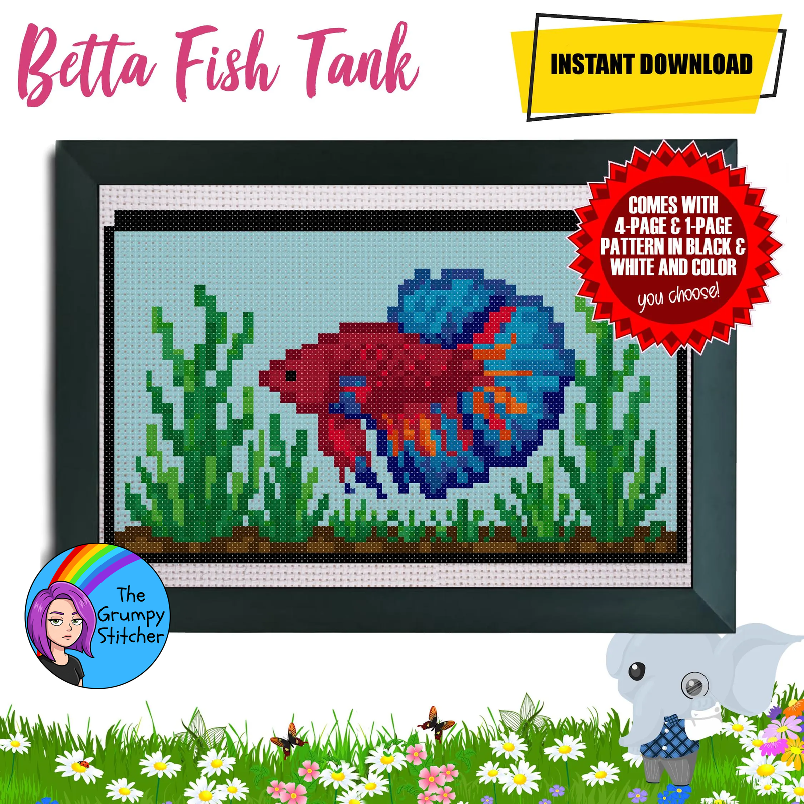 Betta Fish Aquarium Cross Stitch Pattern (PDF Download)