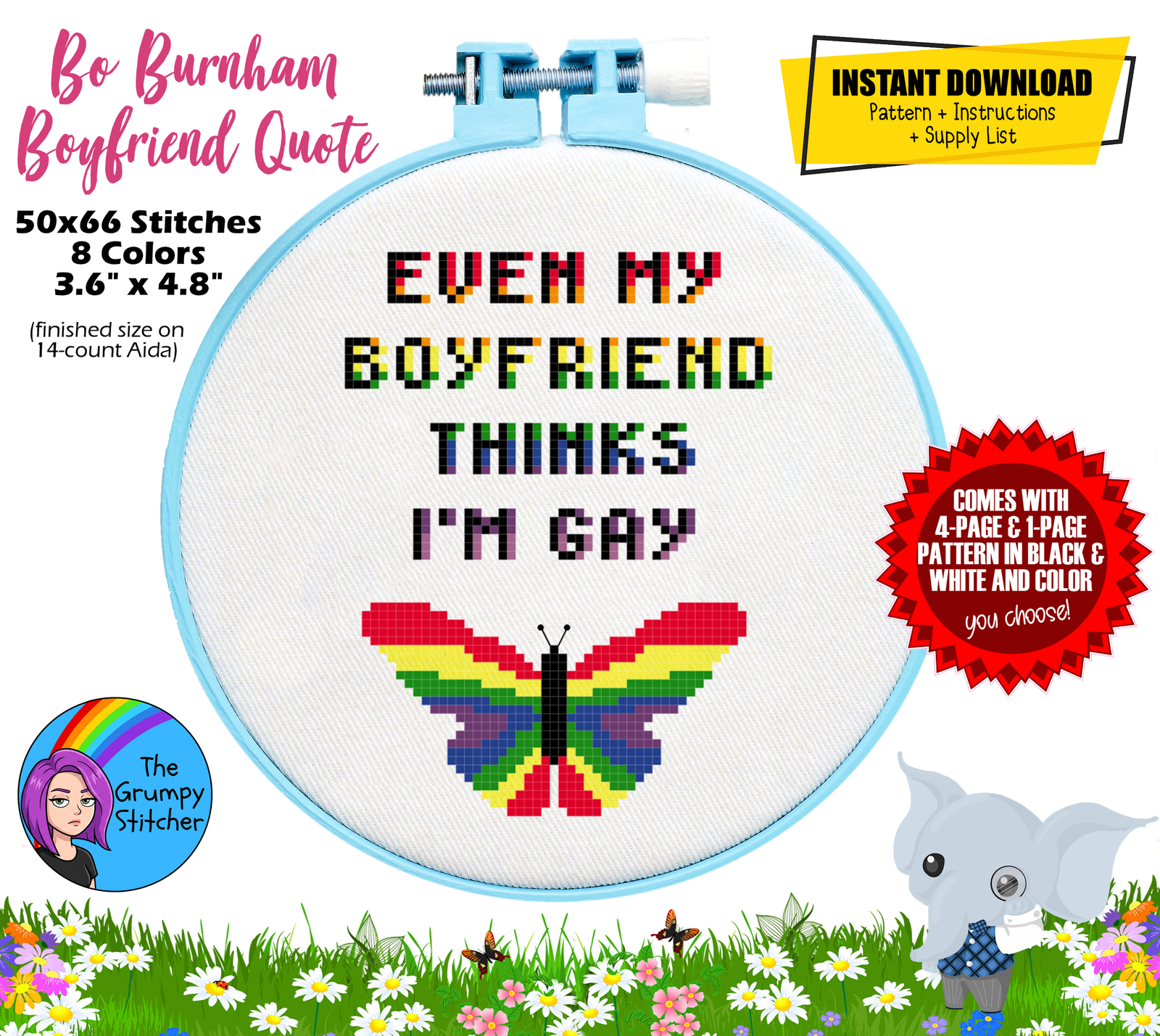 Even My Boyfriend Thinks I’m Gay Bo Burnham Quote Cross Stitch Pattern (PDF Download)