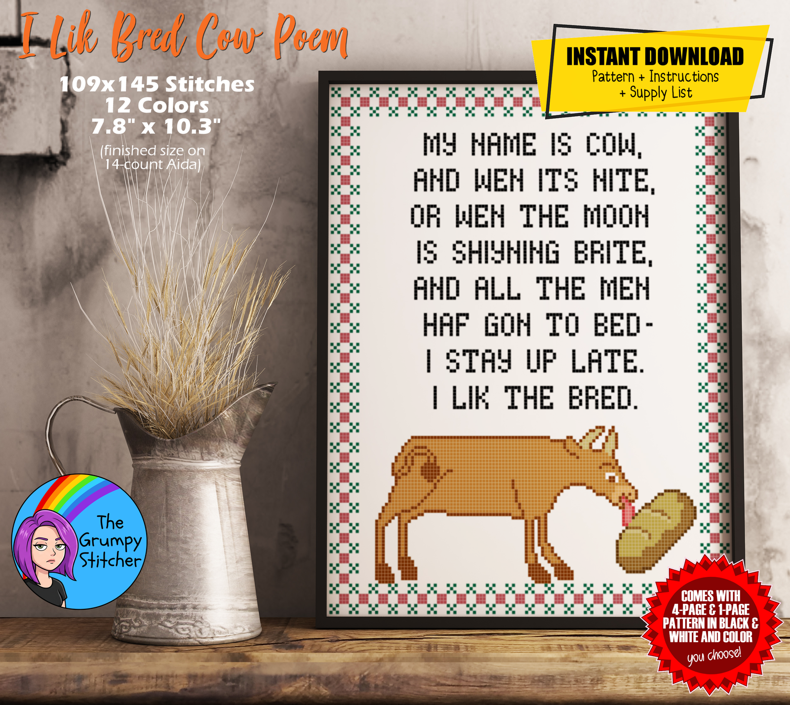 I Lik Bred Cow Poem Cross Stitch Pattern (PDF Download)