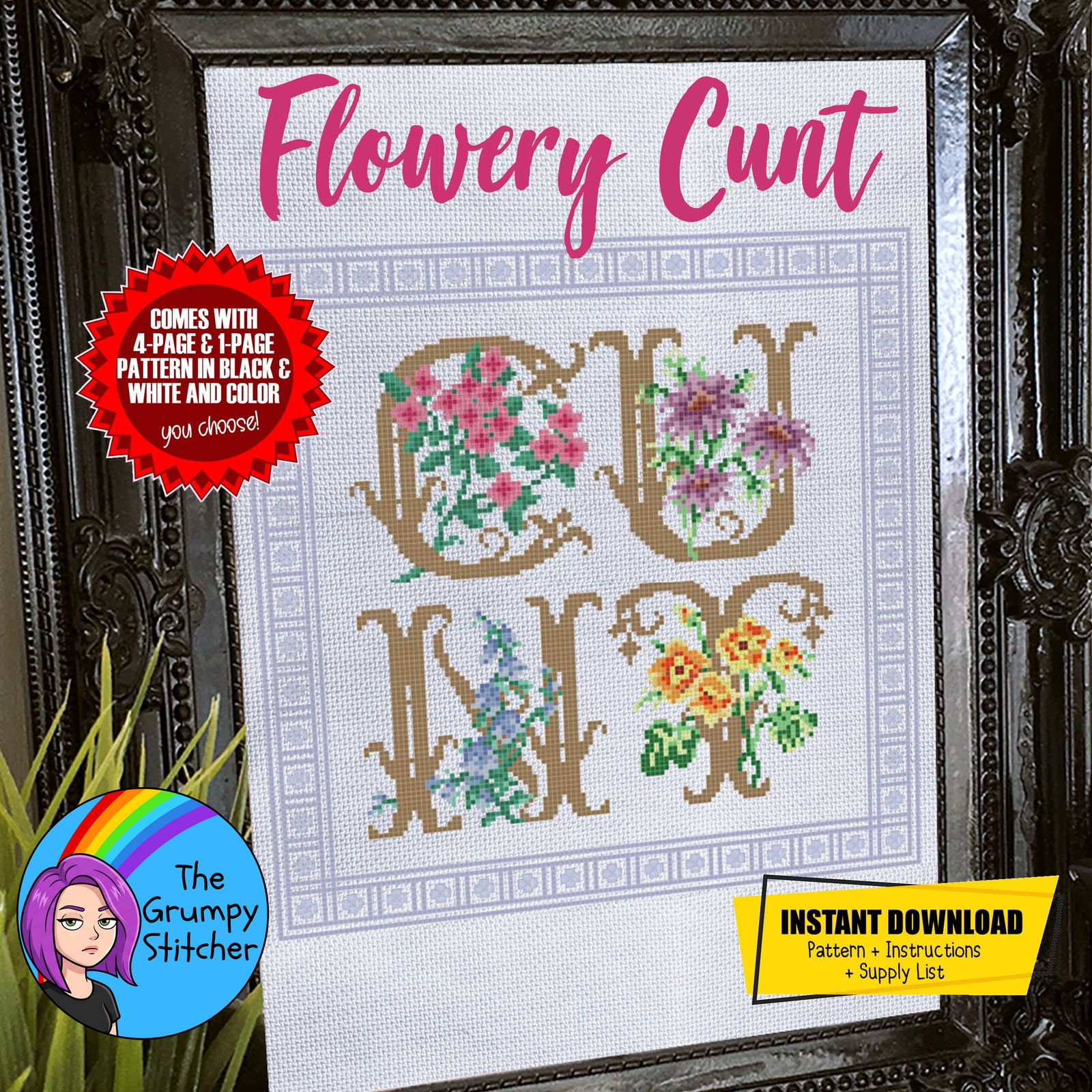 Flowery Cunt Subversive Cross Stitch Pattern (PDF Download)