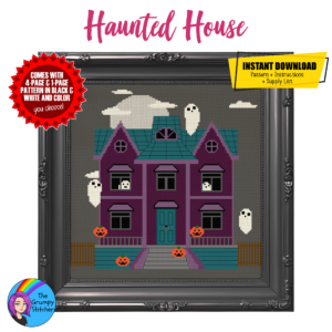 haunted house purple teal ghost cute pumpkins jack o lanterns halloween cross stitch pattern pdf download