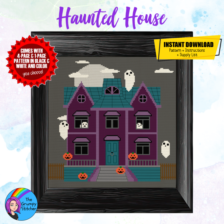 haunted house purple teal ghost cute pumpkins jack o lanterns halloween cross stitch pattern pdf download