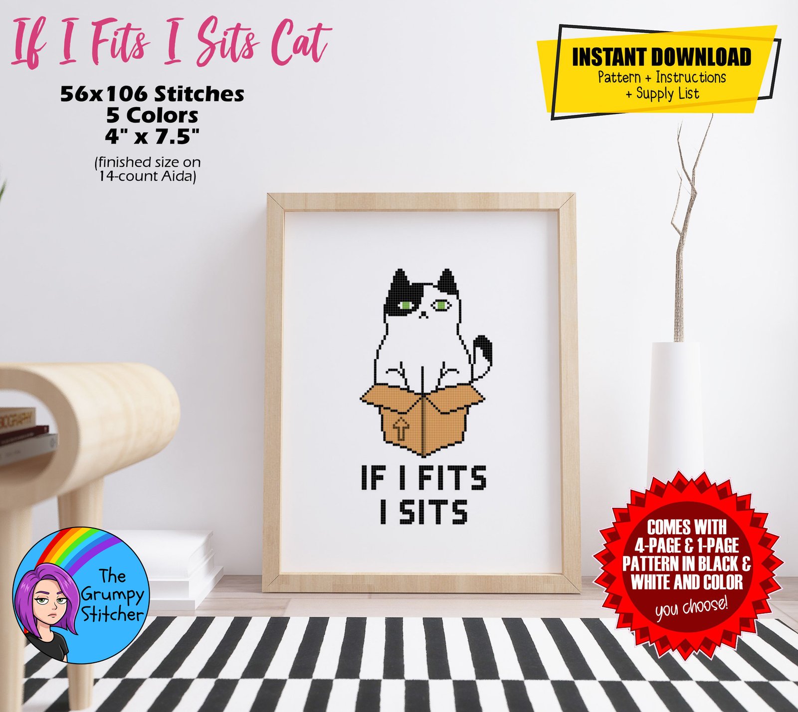 If I Fits I Sits Cat Cross Stitch Pattern (PDF Download)