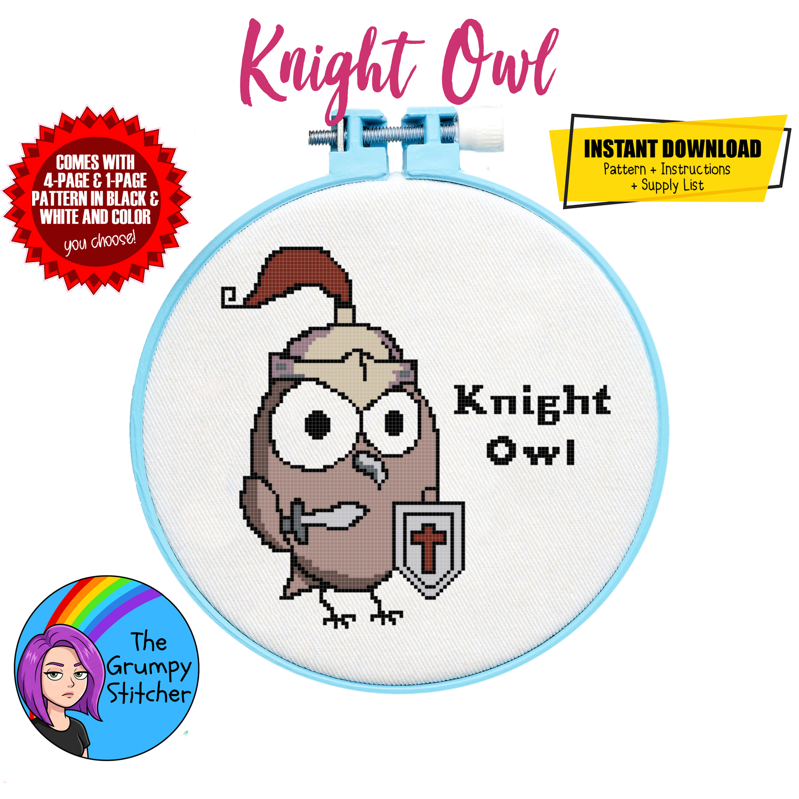knight owl Medieval night owl pun funny sword shield gamer cross stitch pattern pdf download
