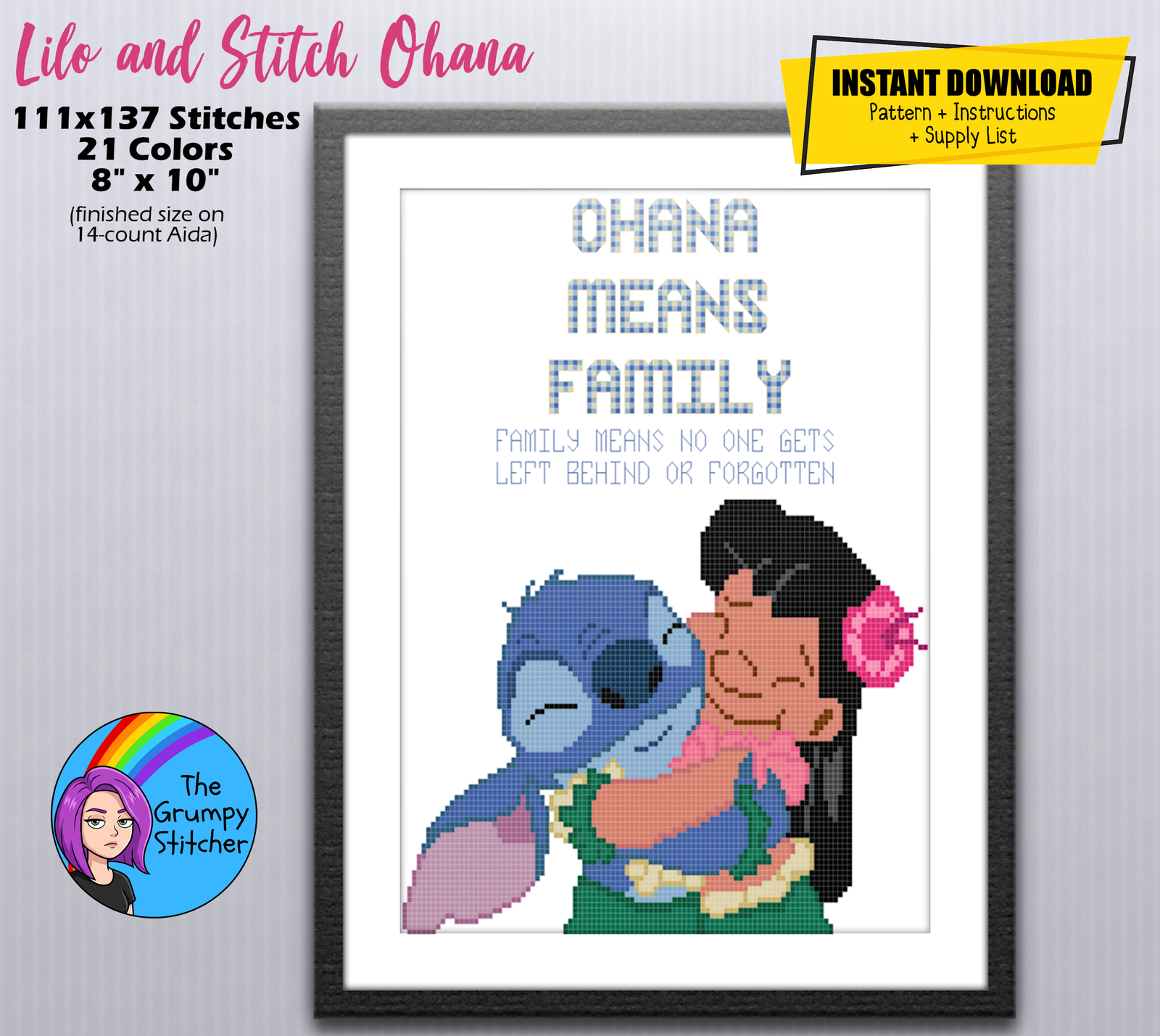 Lilo and Stitch Ohana Means Family Cross Stitch Pattern (PDF Download)