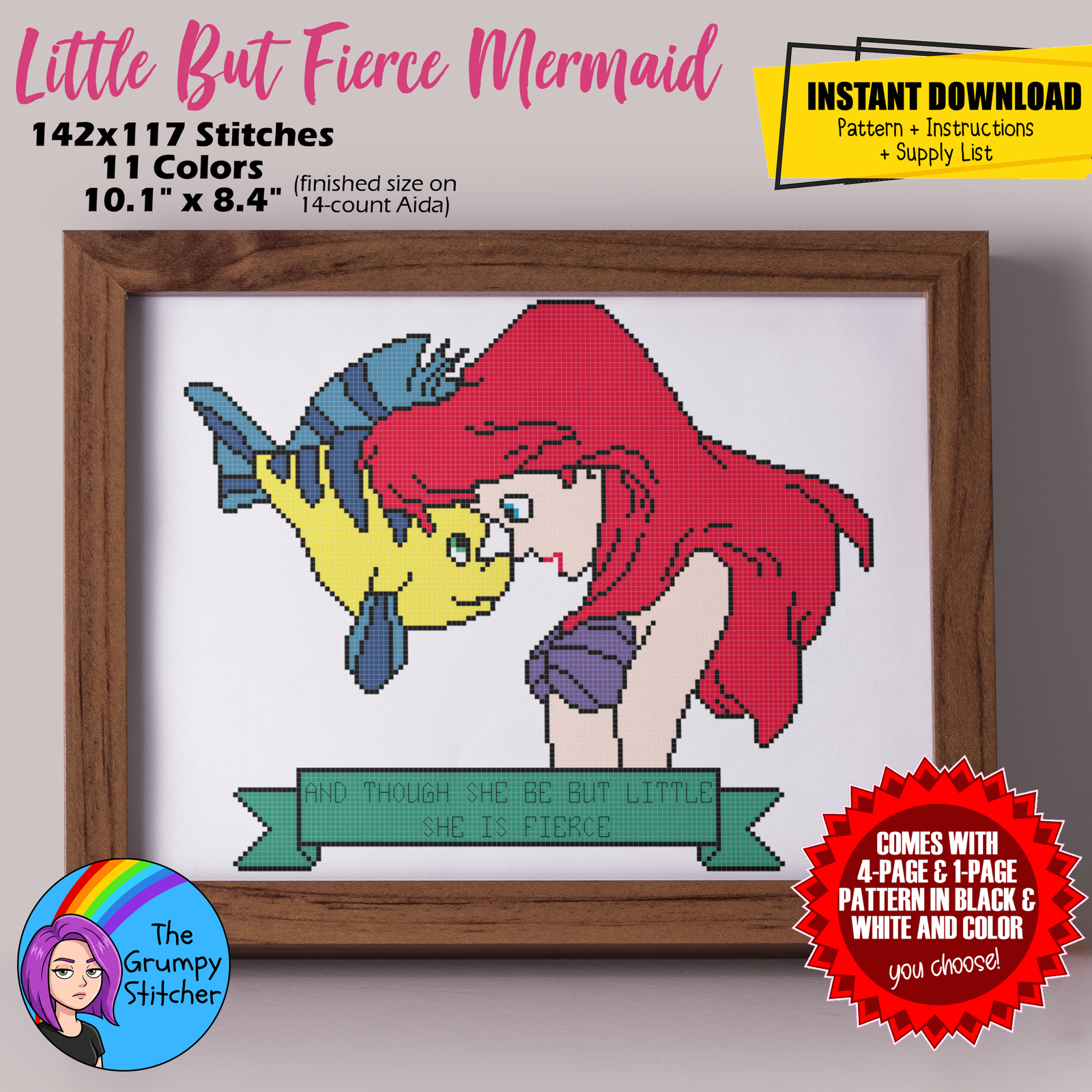 Little Mermaid She Be But Little She Is Fierce Cross Stitch Pattern (PDF Download)