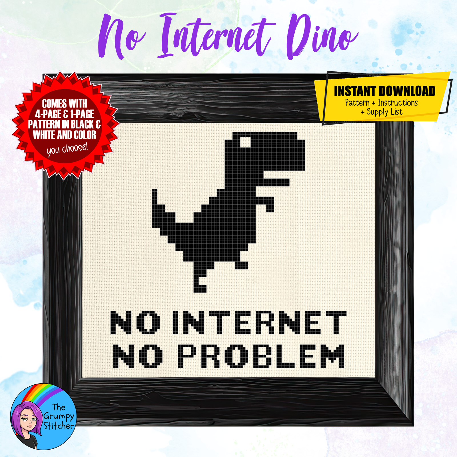 No Internet No Problem Dino Cross Stitch Pattern (PDF Pattern)