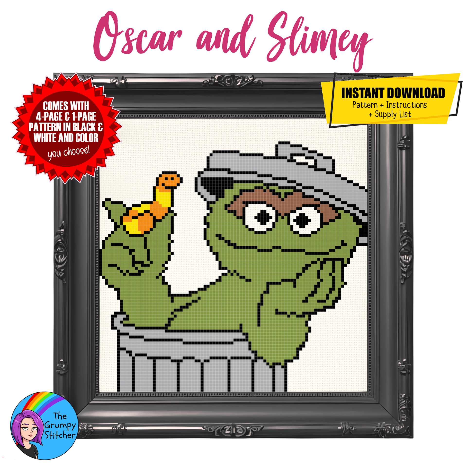 Oscar and Slimey Cross Stitch Pattern (PDF Pattern)