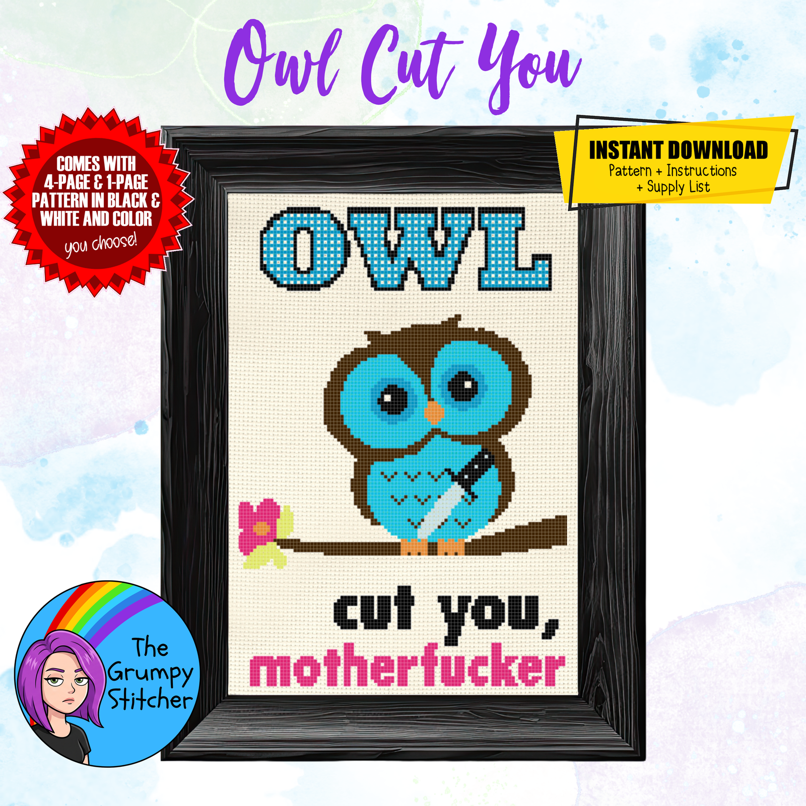 Owl Cut You Motherfucker Cross Stitch Pattern (PDF Download)