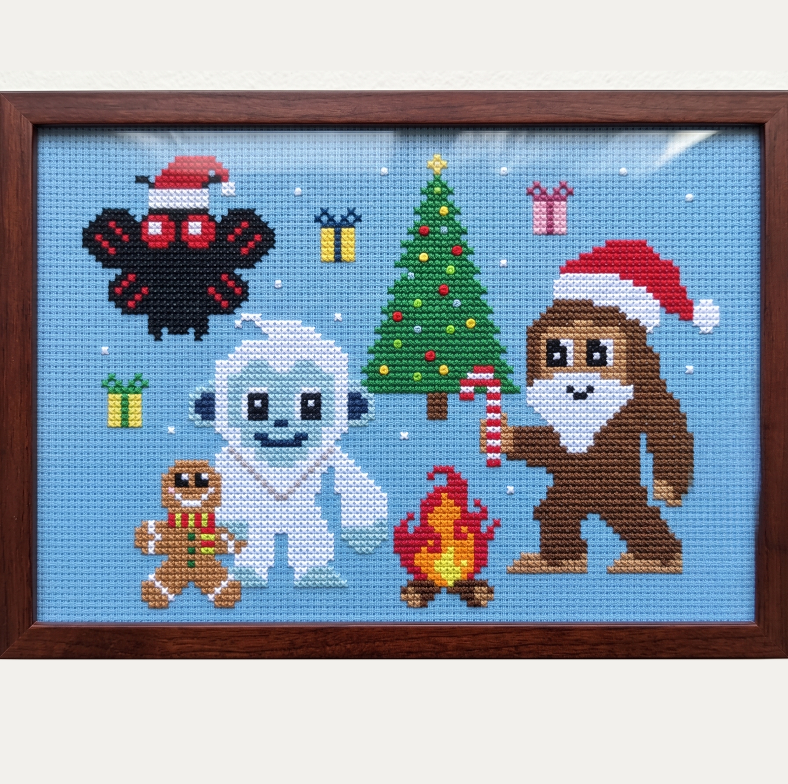 cryptid christmas holiday winter mothman yeti bigfoot campfire tree cross stitch pattern pdf download